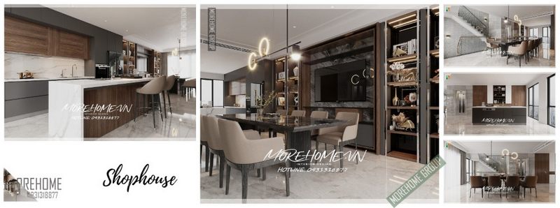 Thiết kế phòng bếp căn shophouse mang phong cách thiết kế hiện đại với đầy đủ những tiện nghi giúp các mẹ nội trợ có động lực vào bếp nấu những bữa ăn ngon cho cả gia đình.