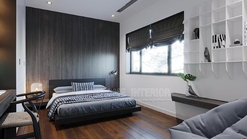 Gỗ ốp tường tối màu cùng đường vân độc đáo tạo vẻ đẹp sang trọng cuốn hút trong phòng ngủ trẻ trung hiện đại.