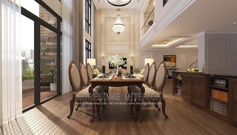 Trang trí nội thất phòng ăn đẹp bằng bộ bàn ghế ăn gỗ óc chó tân cổ điển cao cấp