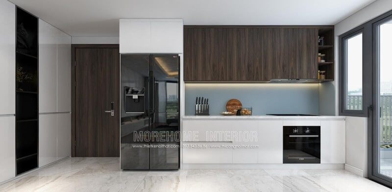 Mẫu tủ bếp âm tường chữ i là sự lựa chọn hoàn hảo cho gia đình có diện tích bé như chung cư, nhà phố