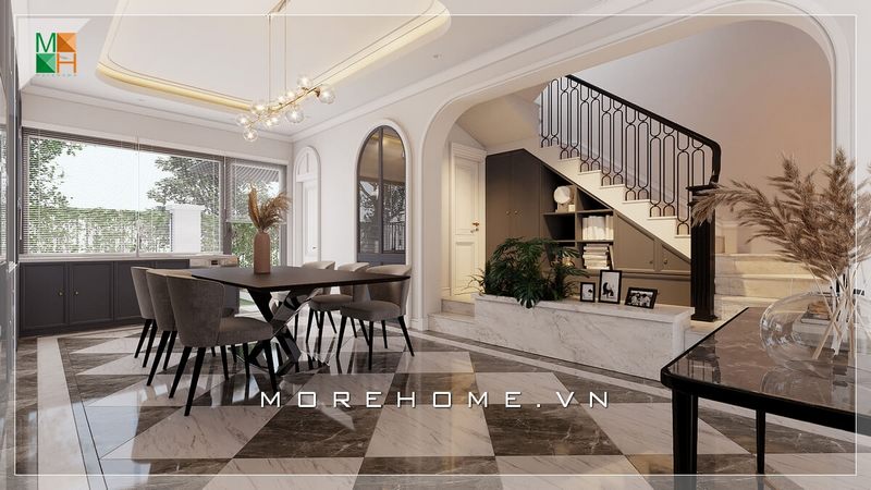 Hiện nay việc bố trí phòng ăn biệt thự, nhà phố không gian mở rất được ưa chuộng, giúp cho không gian phòng được mở rộng thoáng đãng hơn và những bữa ăn sẽ trở nên vui vẻ, hứng khởi hơn nhờ nguồn năng lượng từ ánh sáng thiên nhiên.