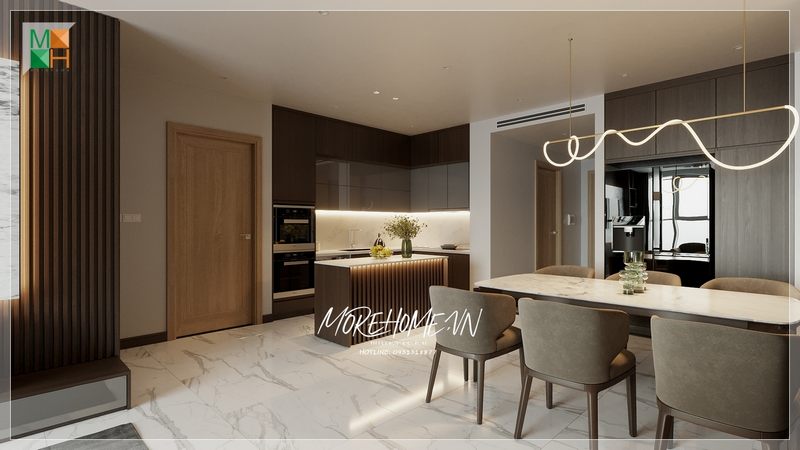 Đảo bếp gỗ tự nhiên mặt đá trắng hiện đại trang trí tạo điểm nhấn riêng và hỗ trợ tốt nhất cho sử dụng của người nội trợ